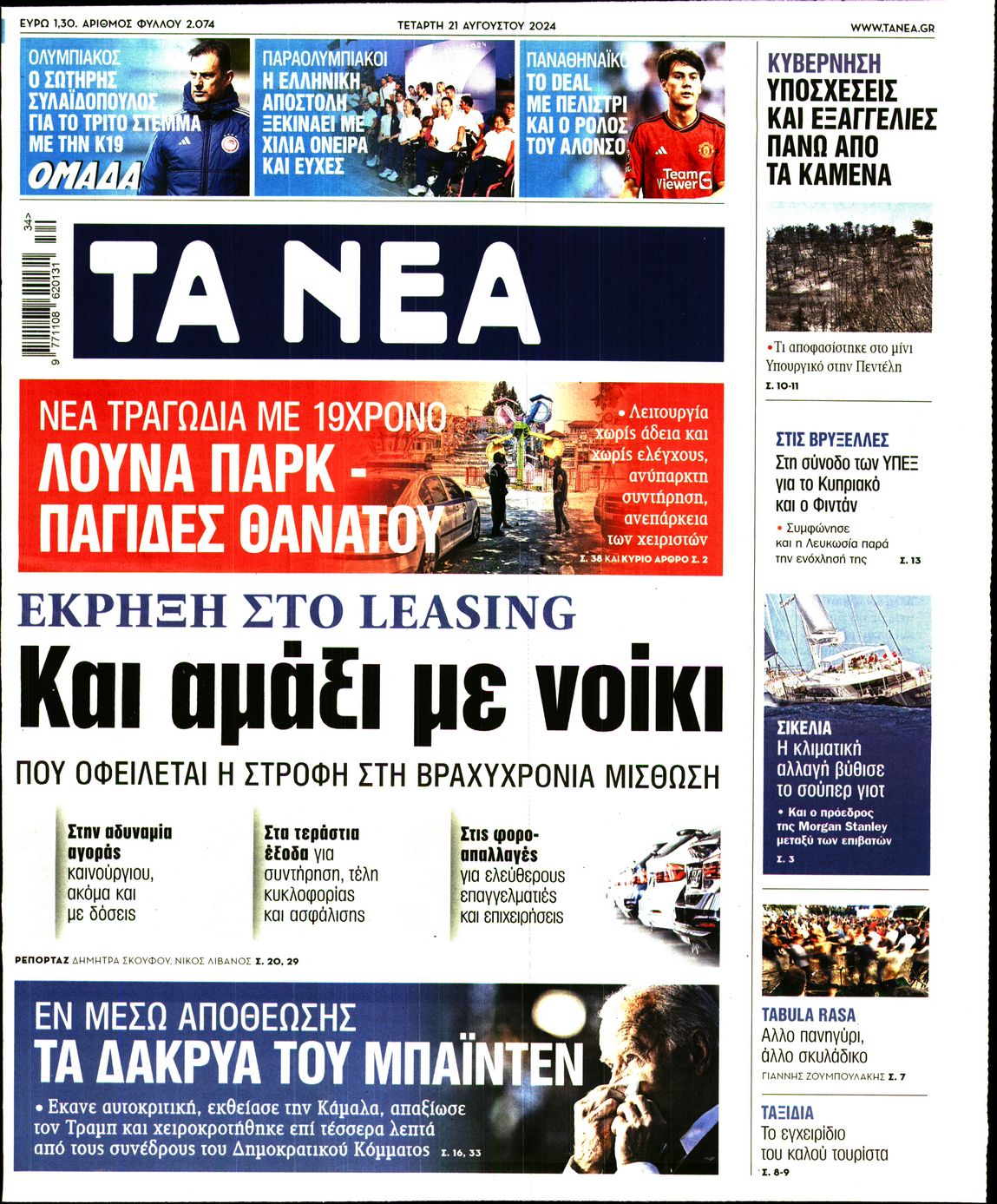 Εξώφυλο εφημερίδας ΤΑ ΝΕΑ 2024-08-21