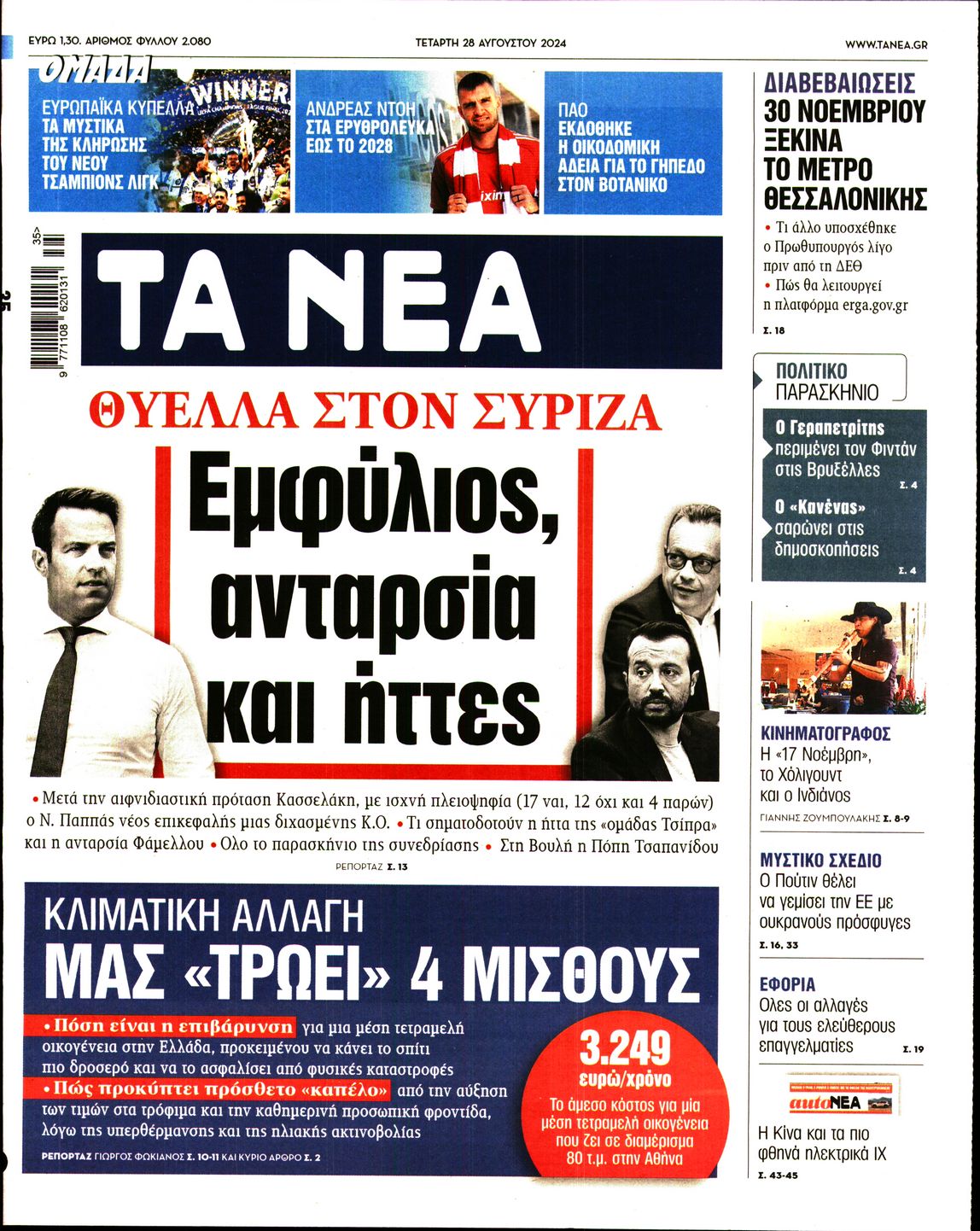 Εξώφυλο εφημερίδας ΤΑ ΝΕΑ 2024-08-28