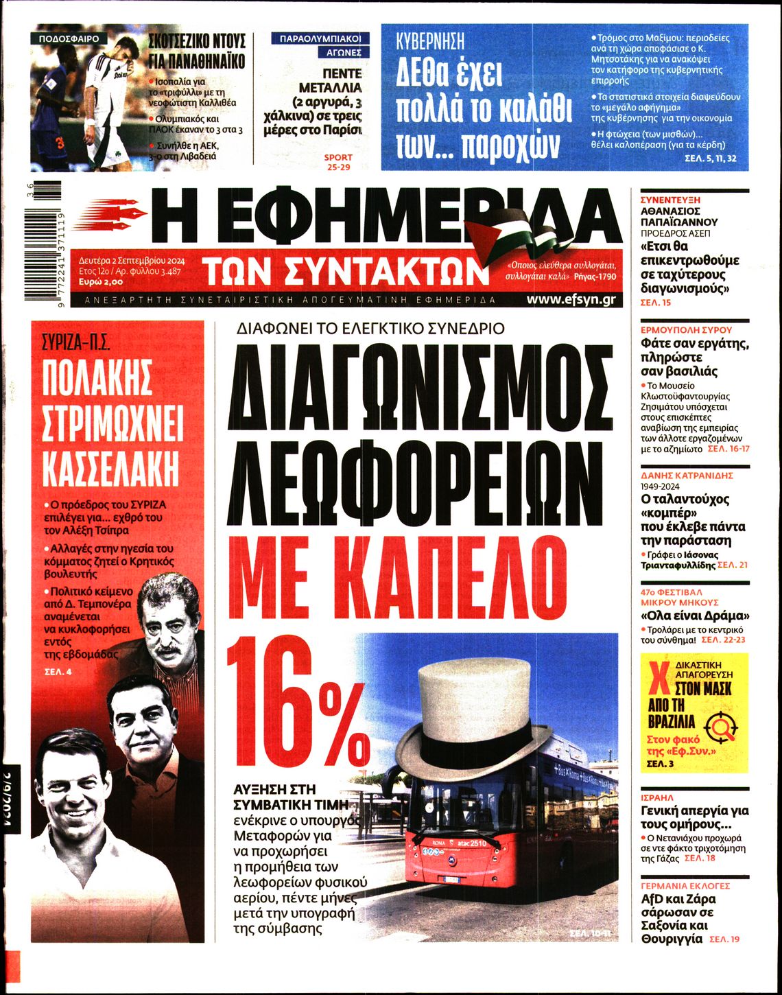 Εξώφυλο εφημερίδας ΤΩΝ ΣΥΝΤΑΚΤΩΝ 2024-09-02