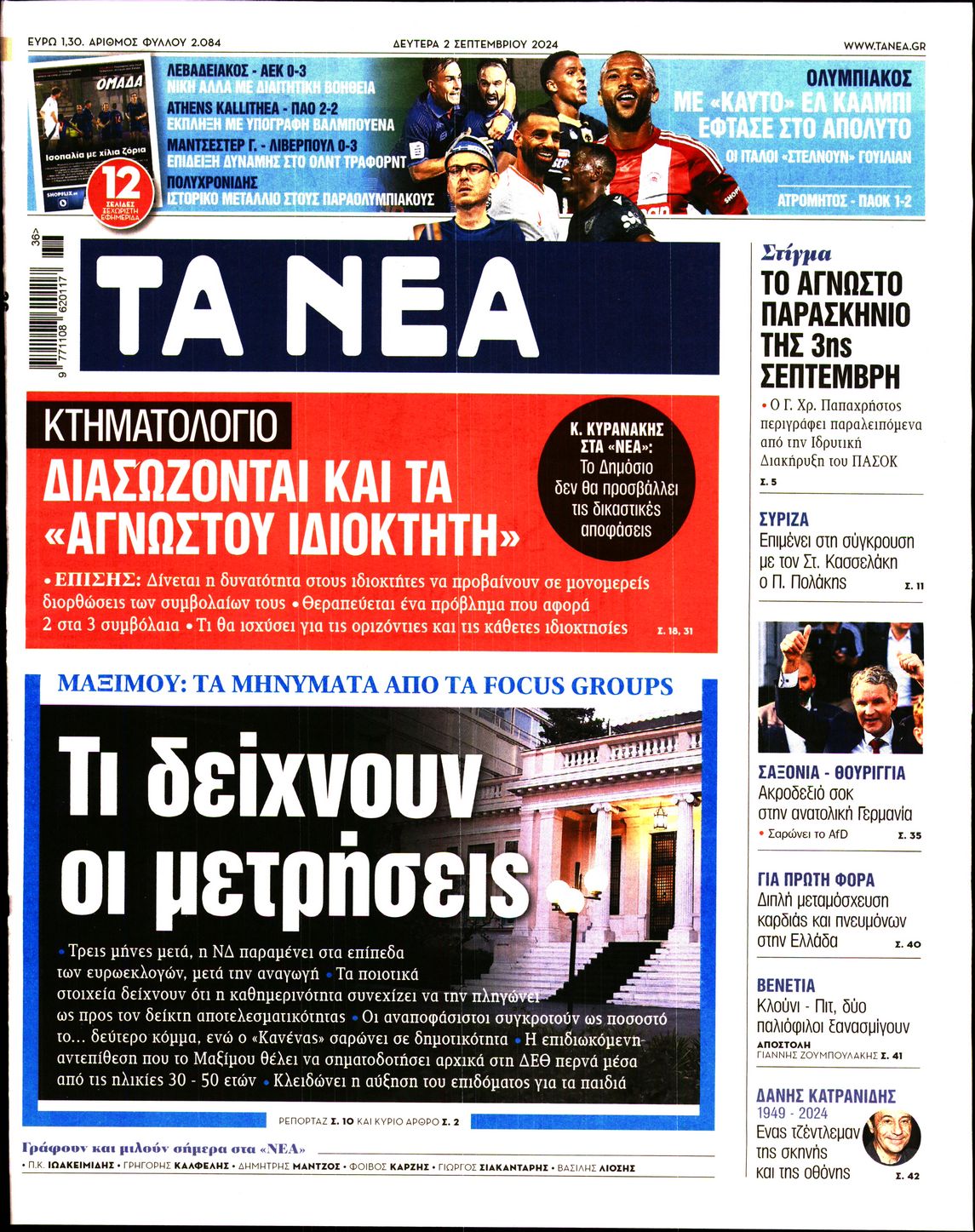 Εξώφυλο εφημερίδας ΤΑ ΝΕΑ 2024-09-02