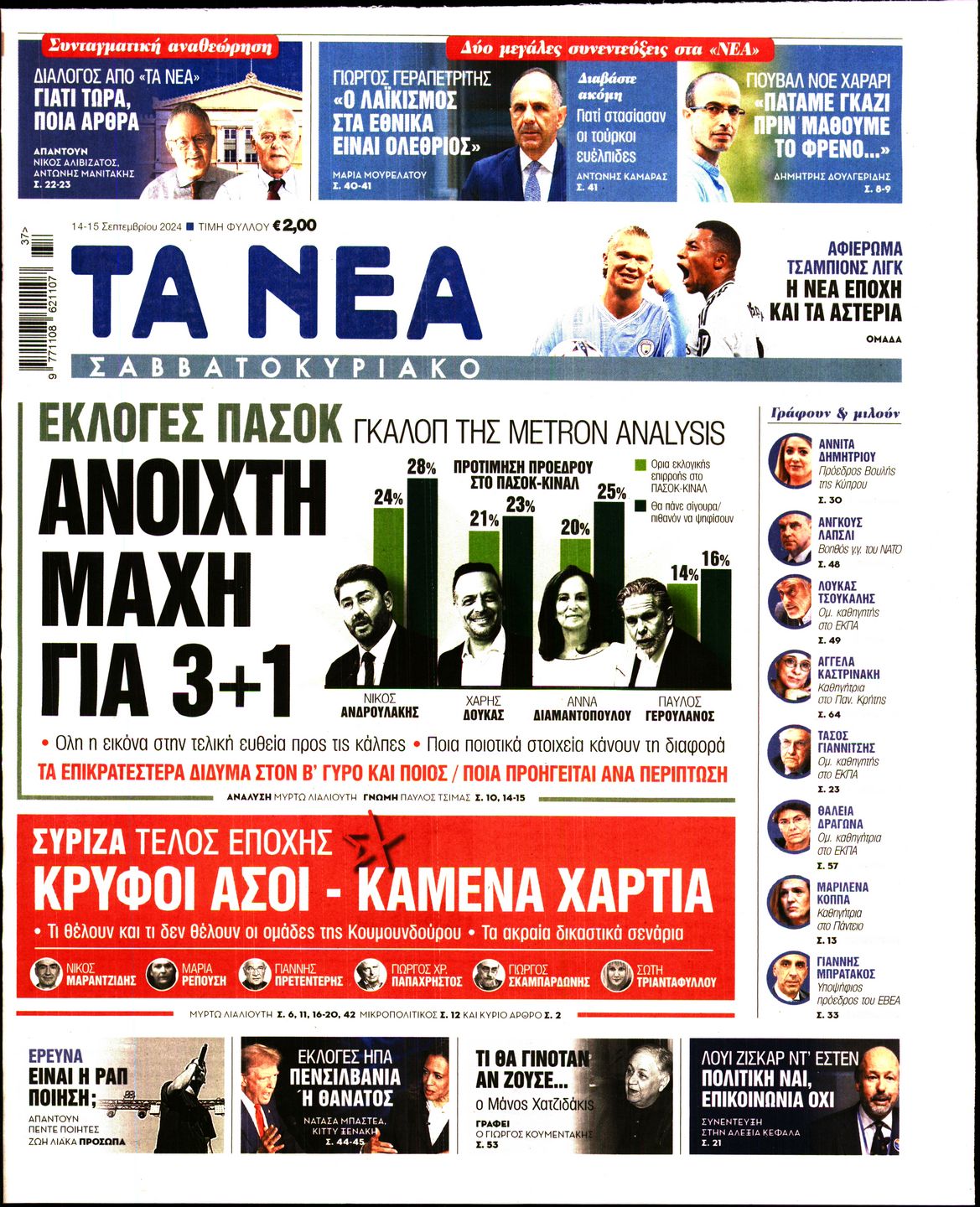 Εξώφυλο εφημερίδας ΤΑ ΝΕΑ 2024-09-14