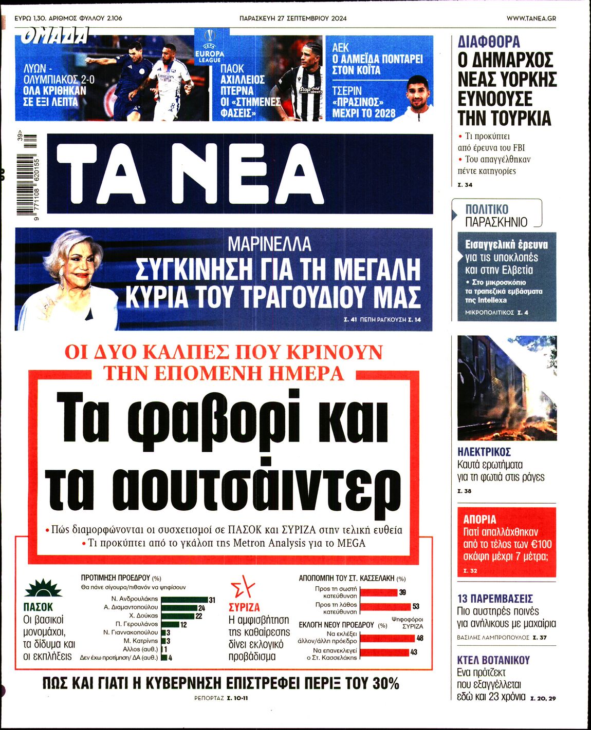 Εξώφυλο εφημερίδας ΤΑ ΝΕΑ 2024-09-27