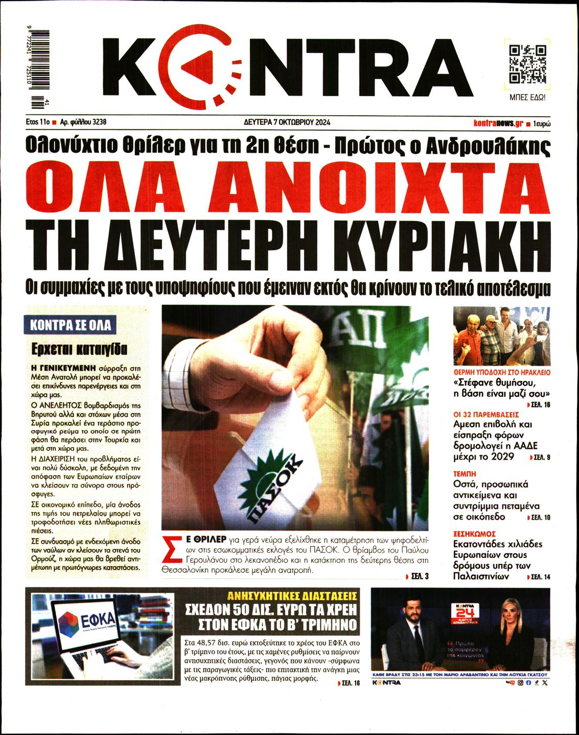 Εξώφυλο εφημερίδας KONTRA NEWS 2024-10-07