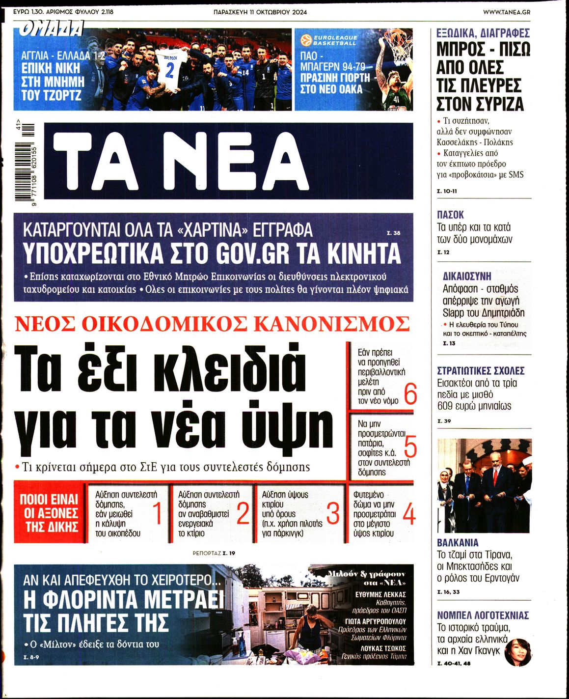 Εξώφυλο εφημερίδας ΤΑ ΝΕΑ 2024-10-11