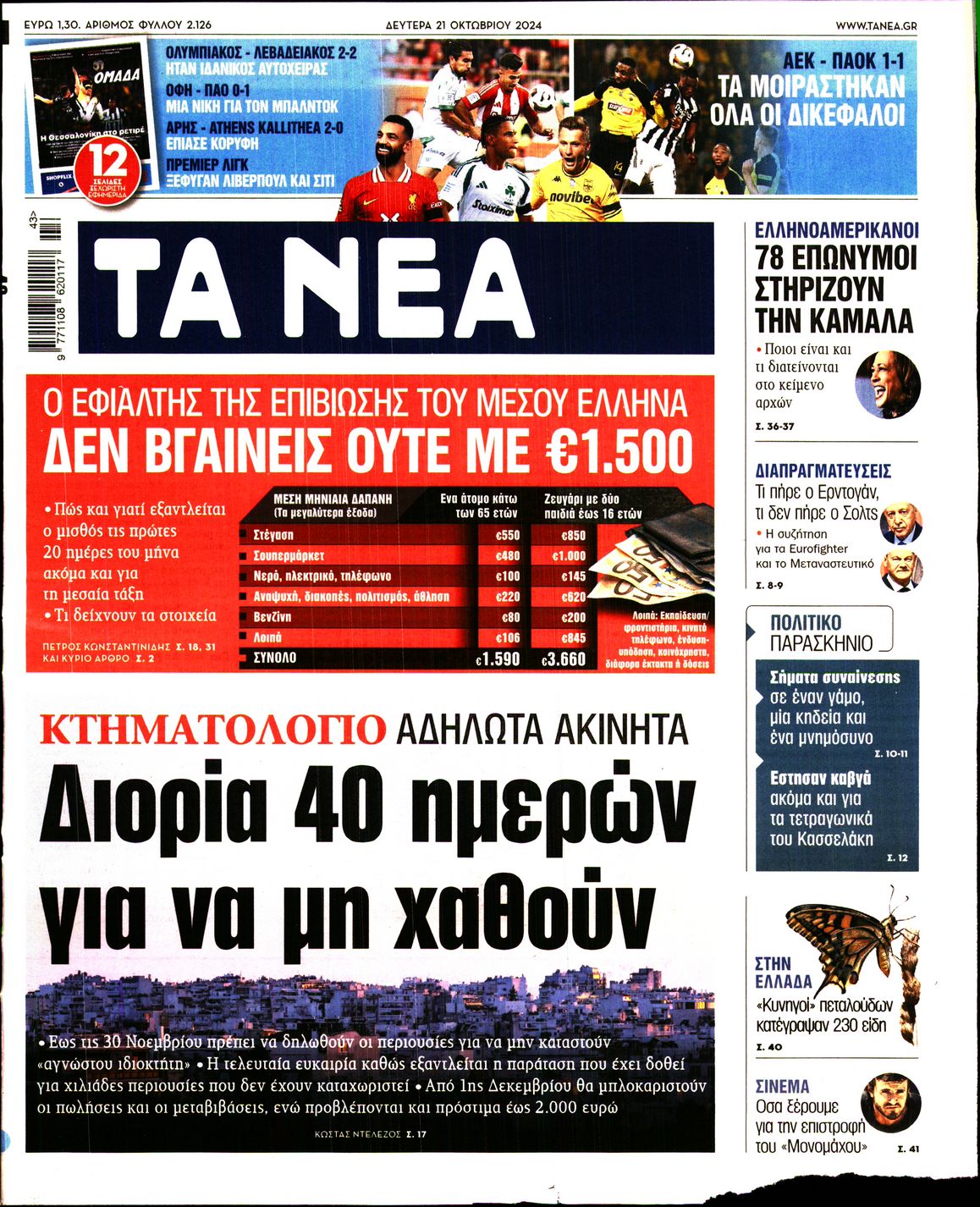 Εξώφυλο εφημερίδας ΤΑ ΝΕΑ 2024-10-21