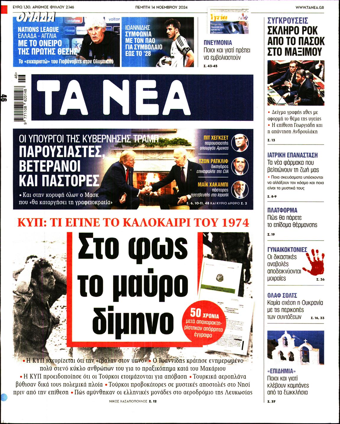 Εξώφυλο εφημερίδας ΤΑ ΝΕΑ 2024-11-14