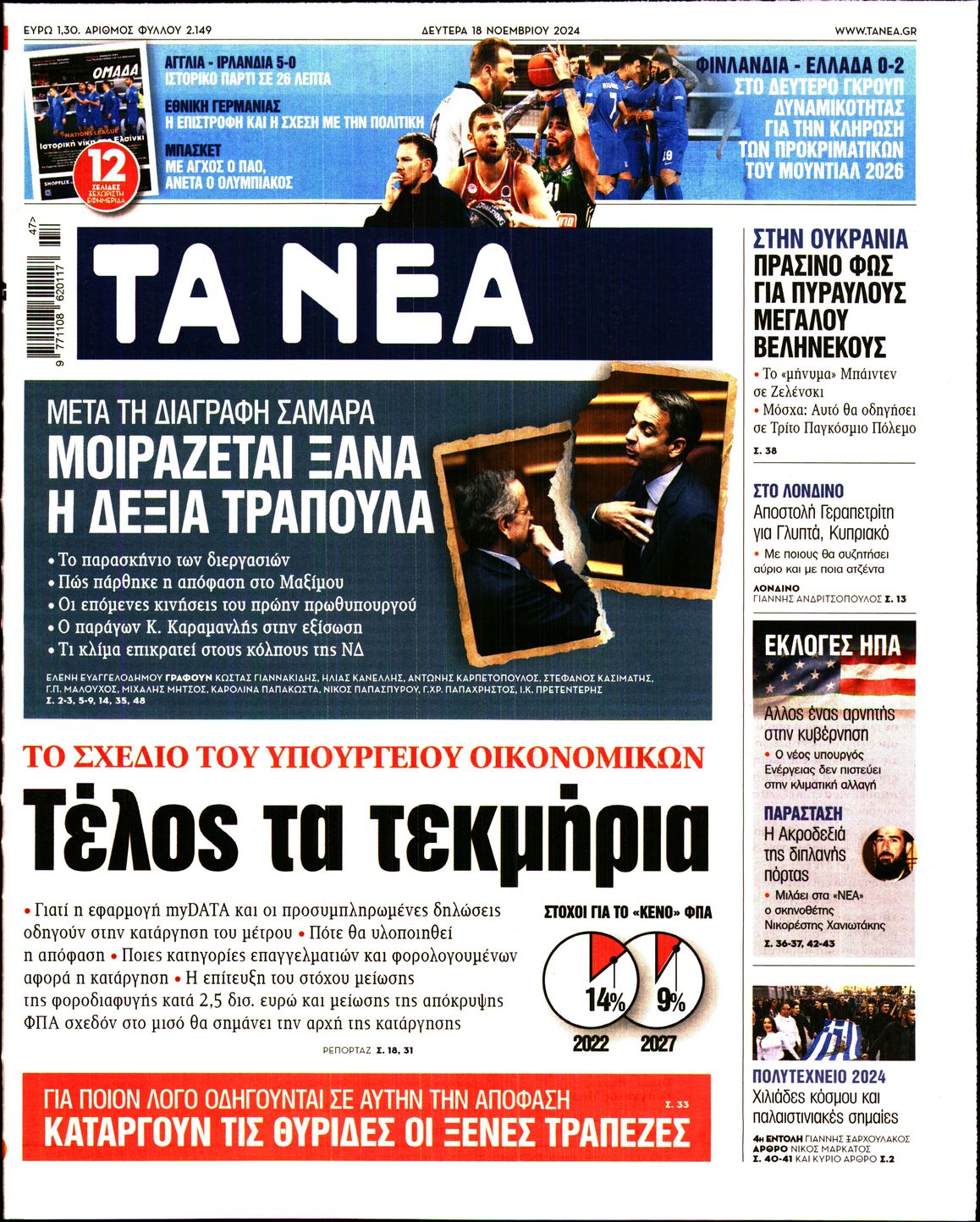 Εξώφυλο εφημερίδας ΤΑ ΝΕΑ 2024-11-18