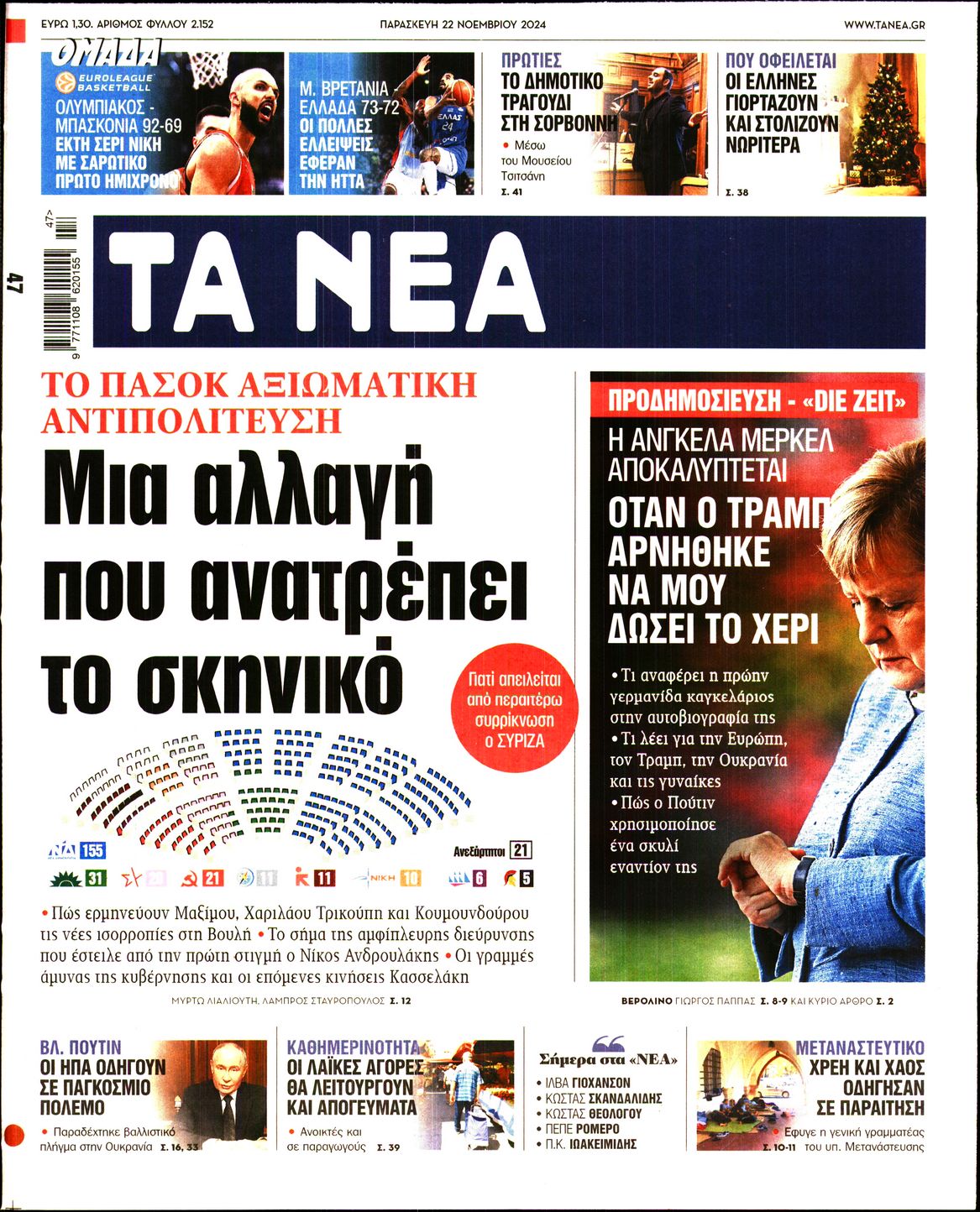 Εξώφυλο εφημερίδας ΤΑ ΝΕΑ 2024-11-22