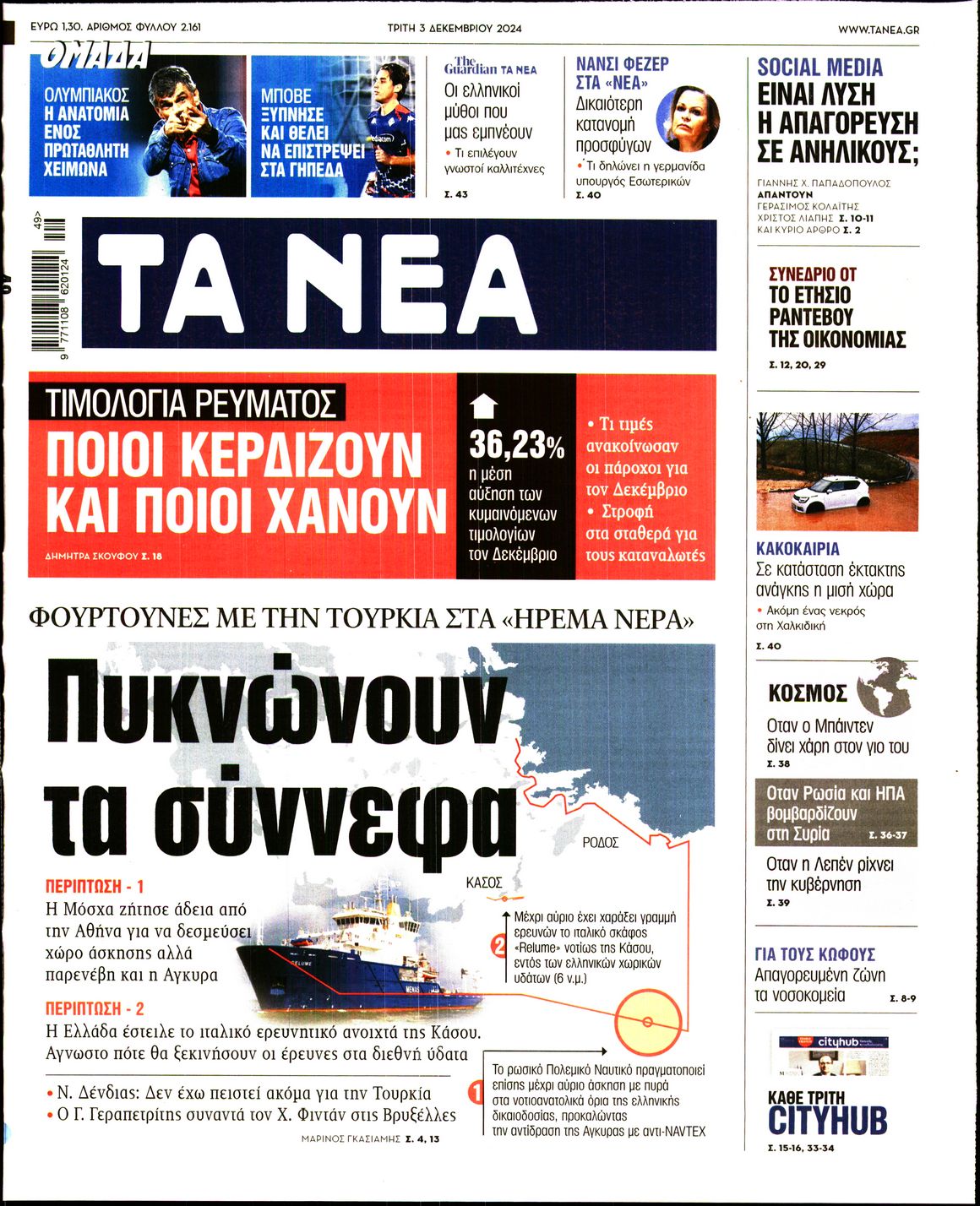 Εξώφυλο εφημερίδας ΤΑ ΝΕΑ 2024-12-03