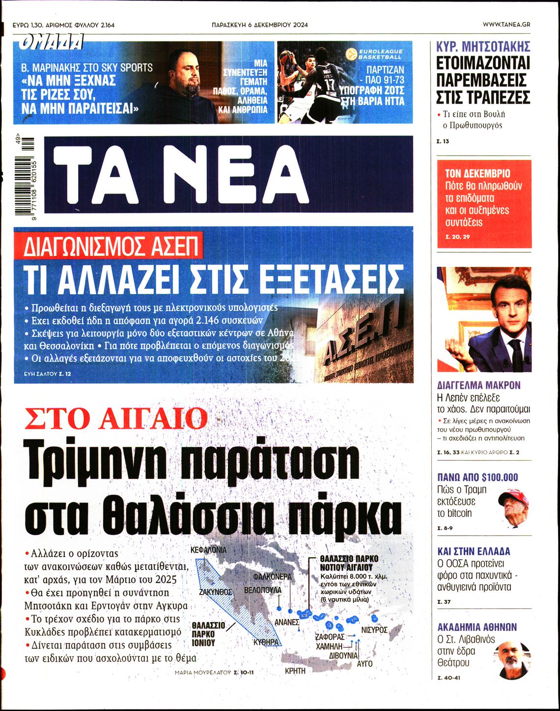 Εξώφυλο εφημερίδας ΤΑ ΝΕΑ 2024-12-06