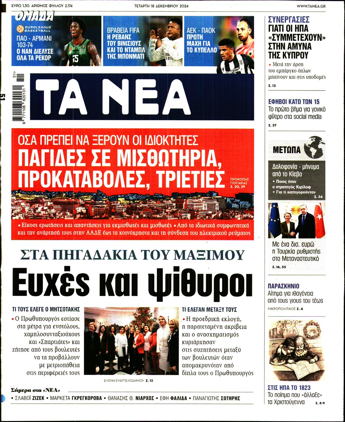 Εξώφυλο εφημερίδας ΤΑ ΝΕΑ 2024-12-18