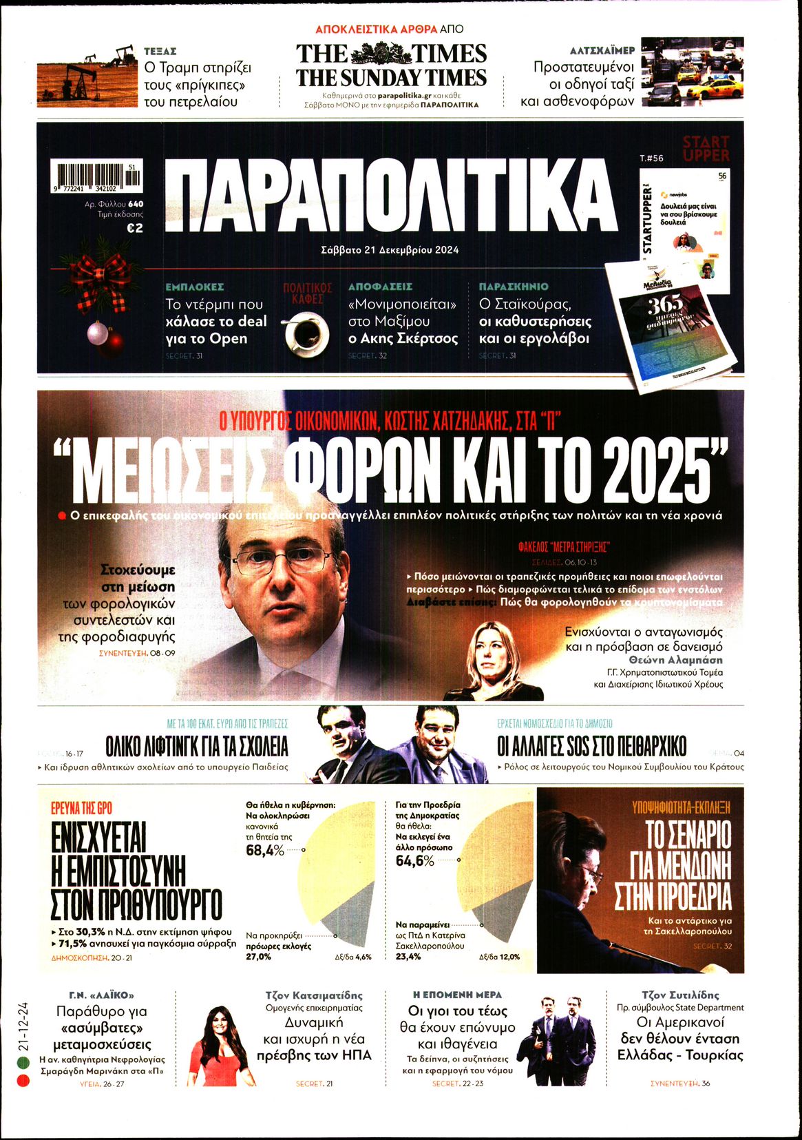 Εξώφυλο εφημερίδας ΠΑΡΑΠΟΛΙΤΙΚΑ 2024-12-21