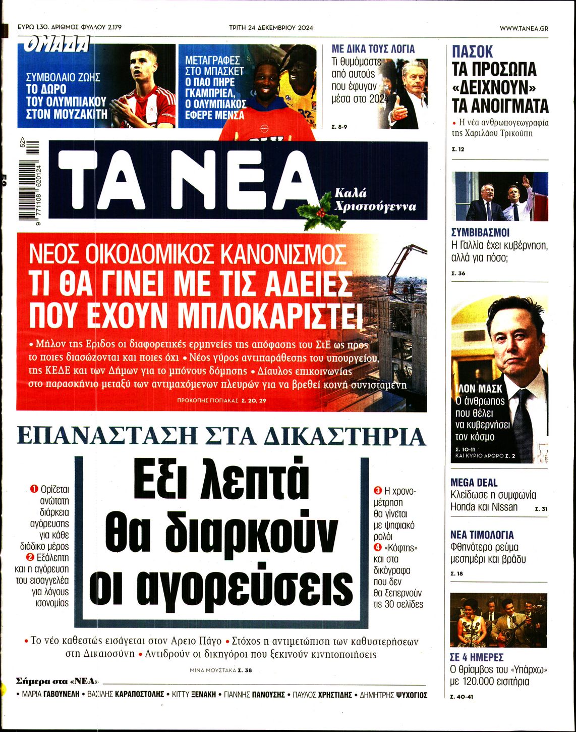 Εξώφυλο εφημερίδας ΤΑ ΝΕΑ 2024-12-24