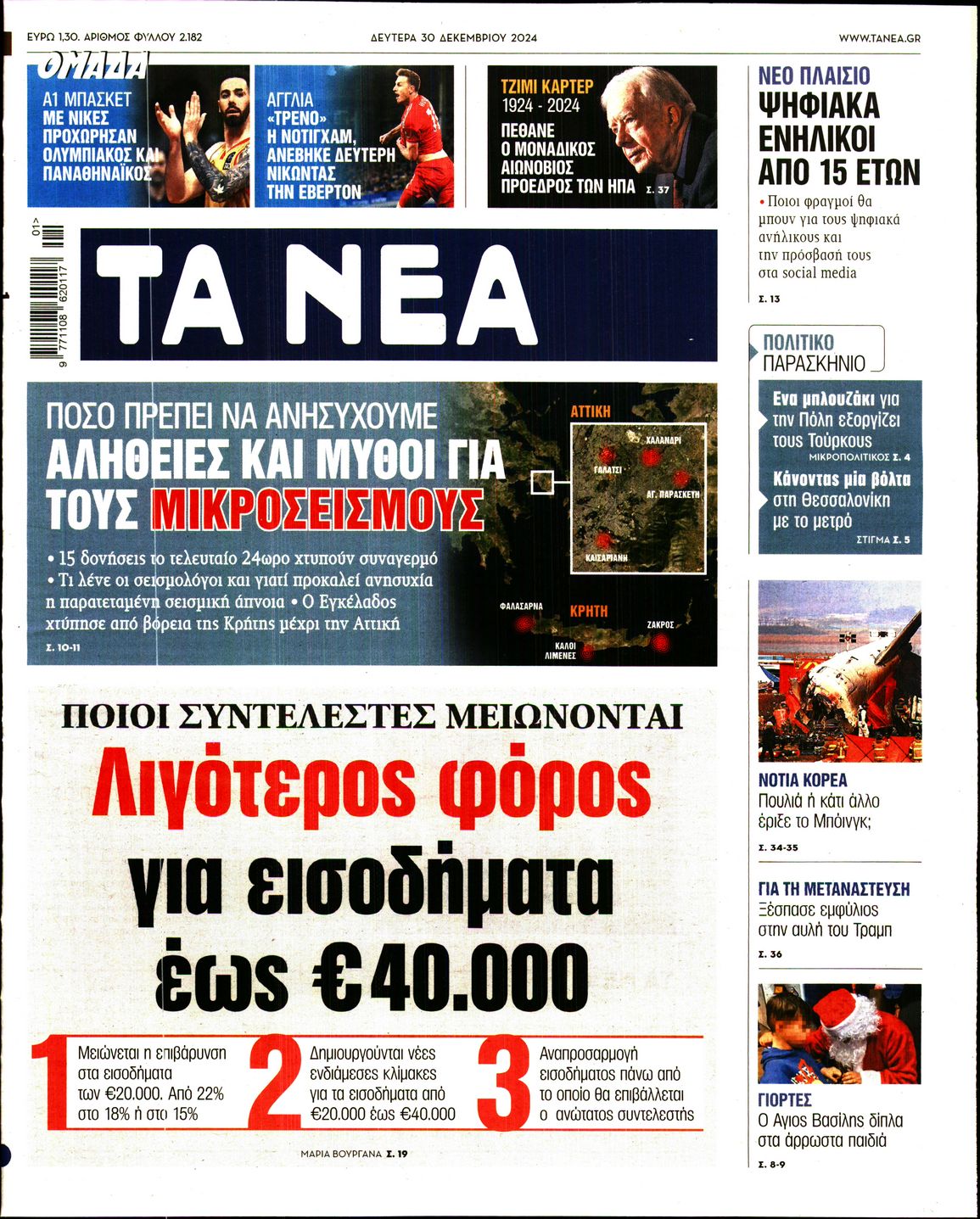 Εξώφυλο εφημερίδας ΤΑ ΝΕΑ 2024-12-30