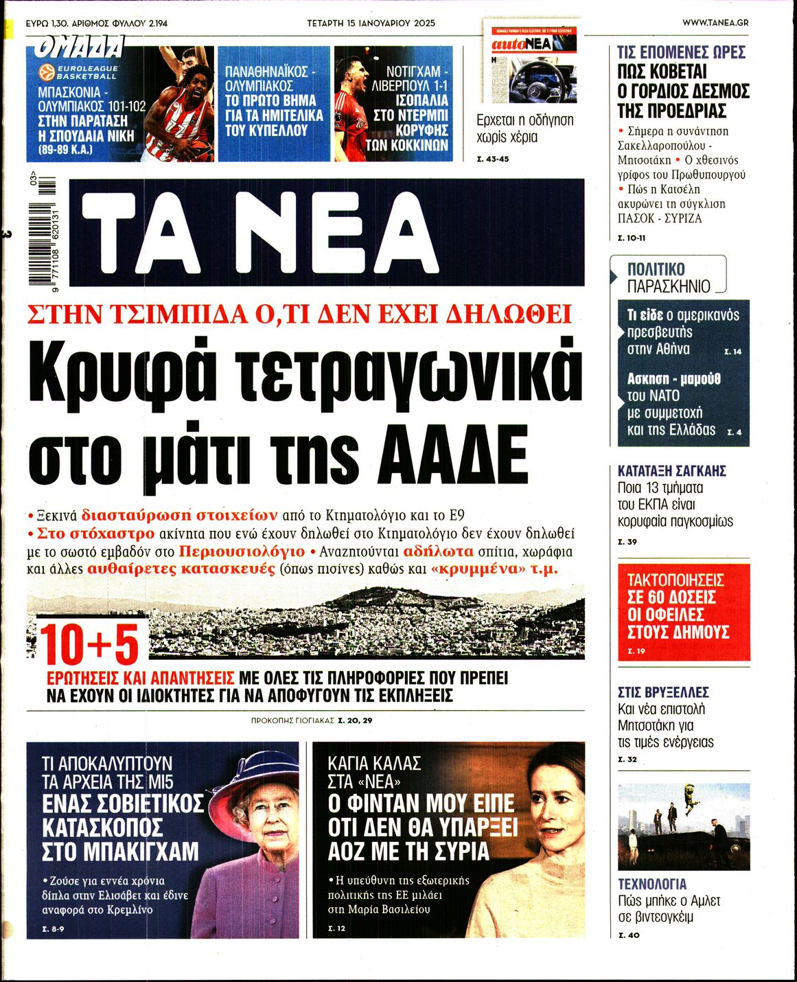 Εξώφυλο εφημερίδας ΤΑ ΝΕΑ 2025-01-15