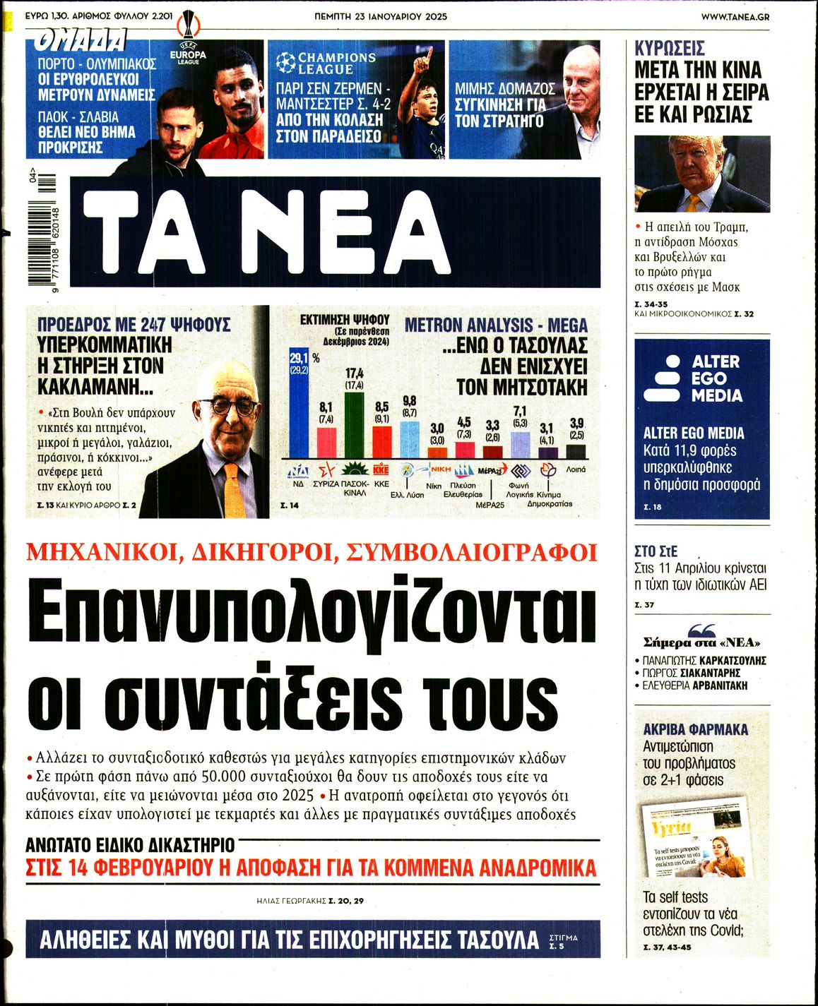 Εξώφυλο εφημερίδας ΤΑ ΝΕΑ 2025-01-23