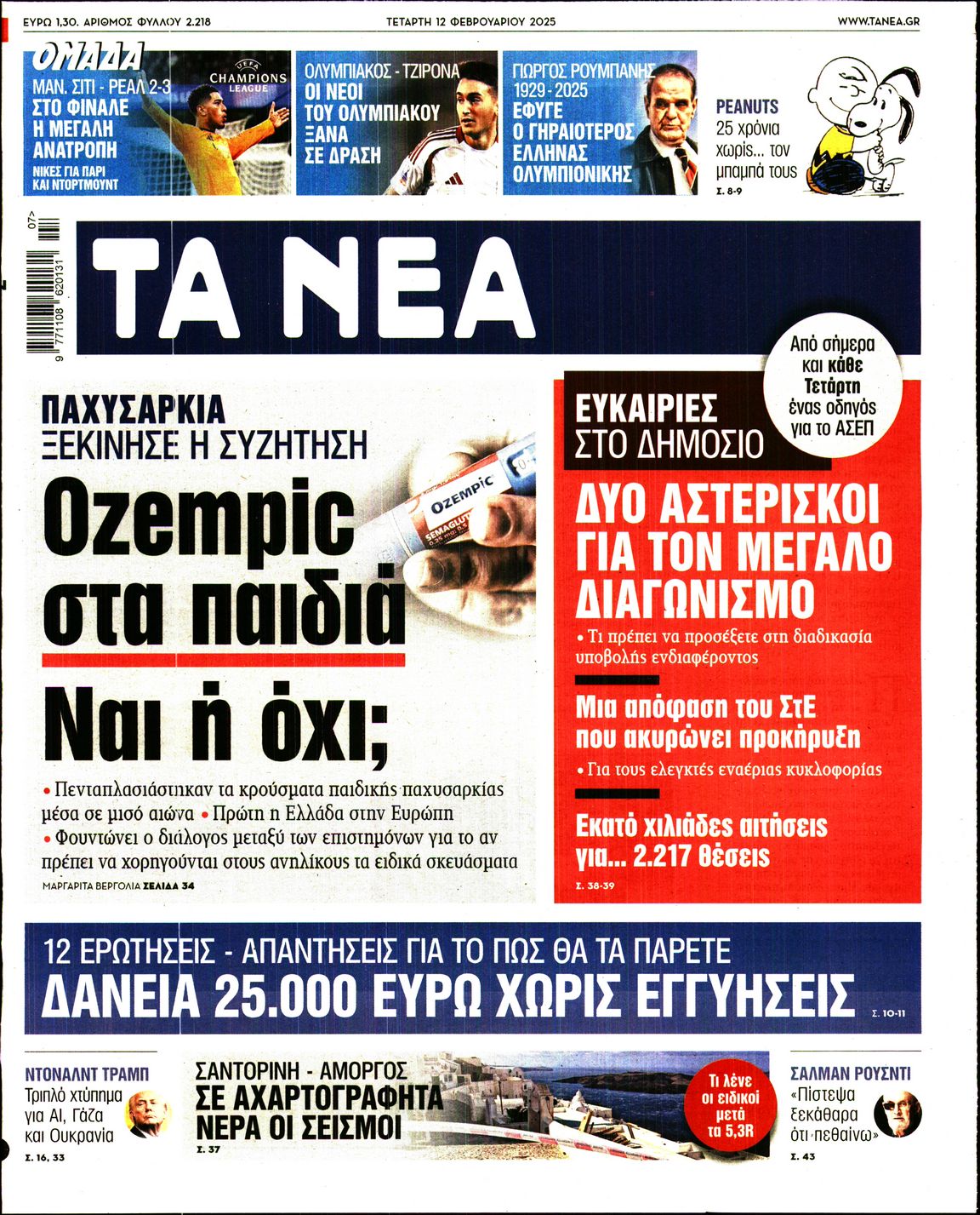 Εξώφυλο εφημερίδας ΤΑ ΝΕΑ 2025-02-12