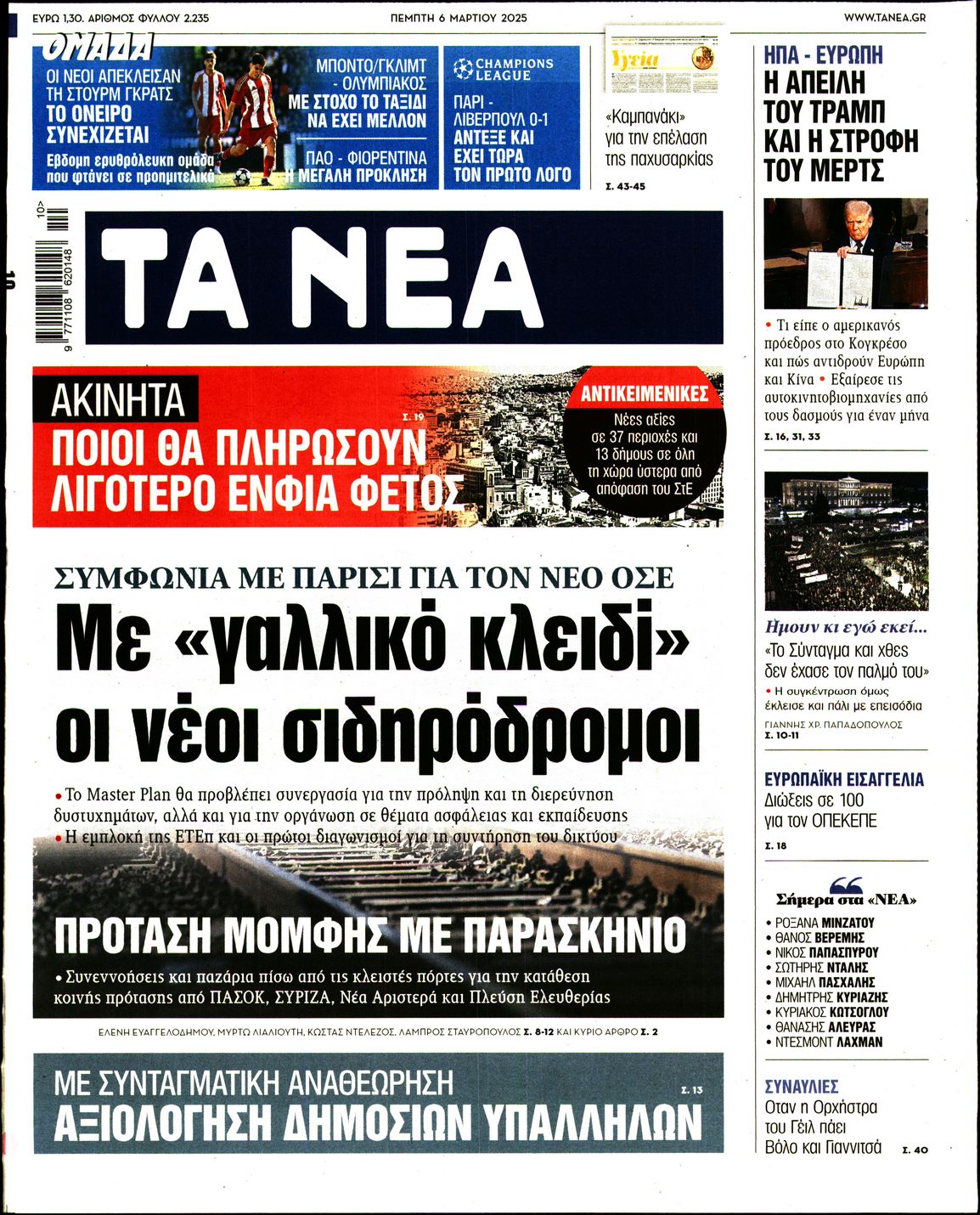 Εξώφυλο εφημερίδας ΤΑ ΝΕΑ 2025-03-06