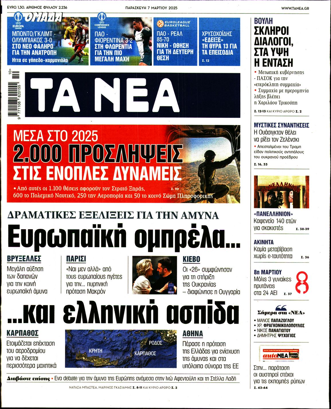 Εξώφυλο εφημερίδας ΤΑ ΝΕΑ 2025-03-07