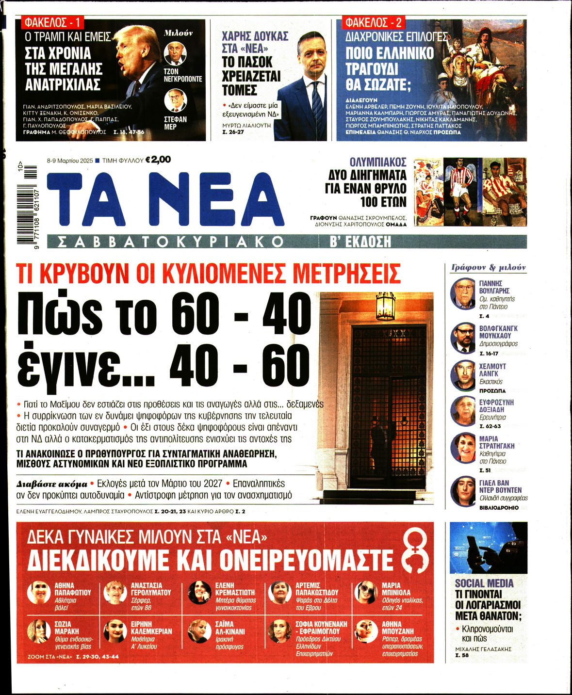 Εξώφυλο εφημερίδας ΤΑ ΝΕΑ 2025-03-08