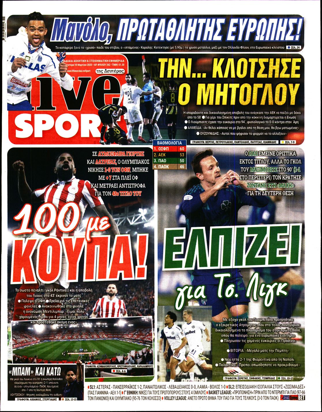 Εξώφυλο εφημερίδας LIVE SPORT 2025-03-10