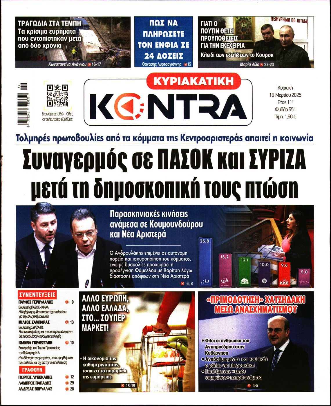 Εξώφυλο εφημερίδας ΚΥΡΙΑΚΑΤΙΚΗ KONTRA NEWS 2025-03-16